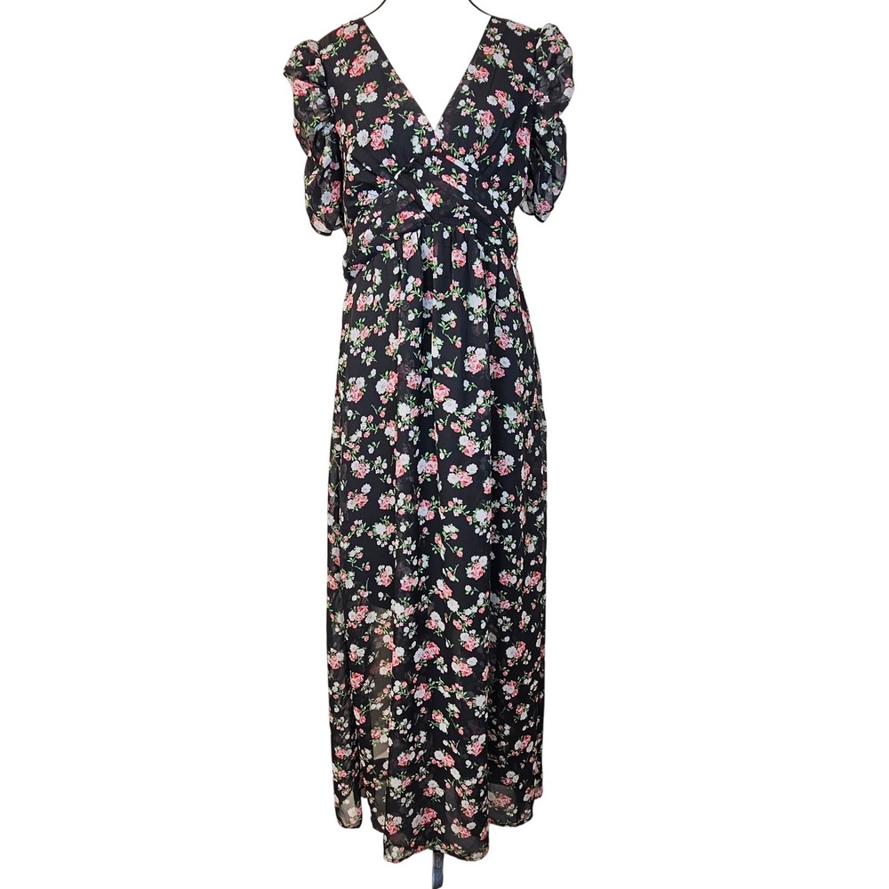 NY Collection Black Floral Maxi Dress 90s Grunge Whimsigoth Women's Medium